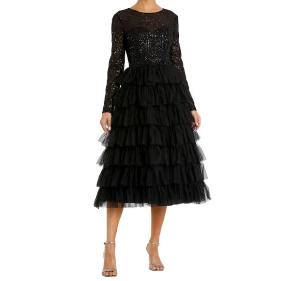 Ieena for Mac Duggal Black Long Sleeve Ruffle Tiered Midi Dress Women’s Sz 8 - Picture 1 of 9